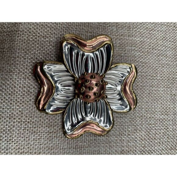 Vintage Dogwood Flower Broach Has Bail and Pin Gold Tone, Silver and Copper Retr - Picture 3 of 8